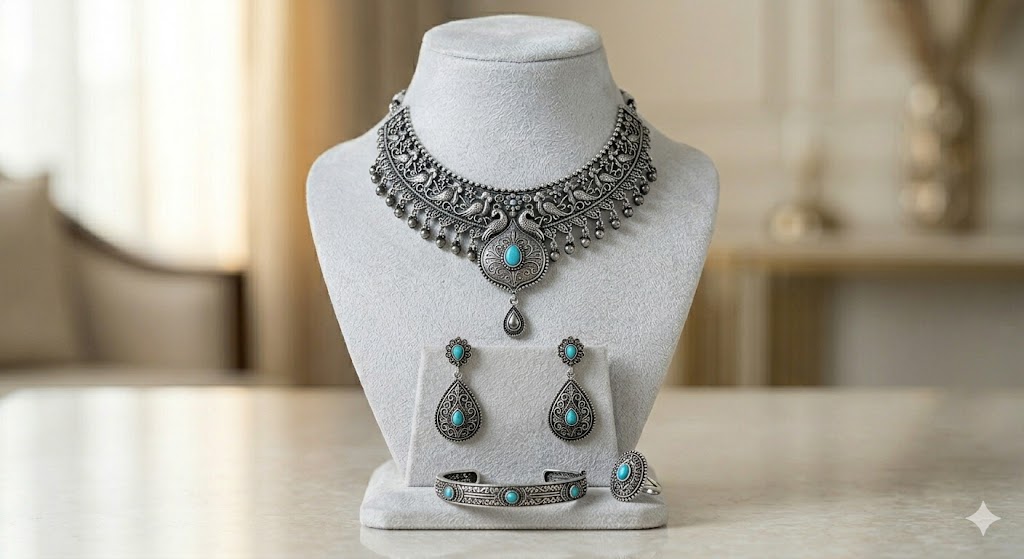 Traditional Oxidised Silver Necklace & Jhumka Earrings Set for Women
