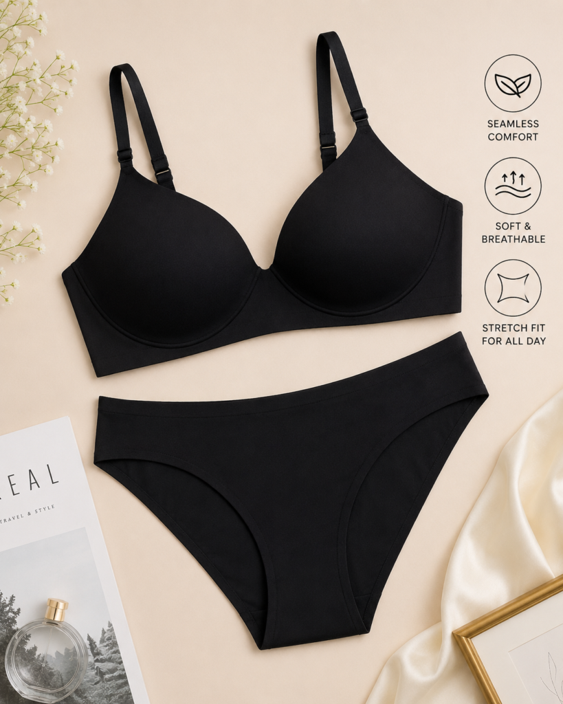 Black Seamless Bra & Panty Set for Women
