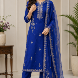 Royal Blue Embroidered Straight Kurti Set with Dupatta