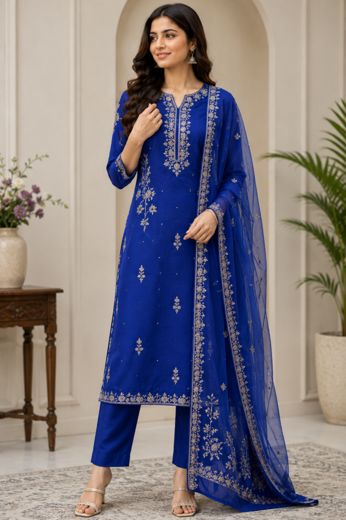 Royal Blue Embroidered Straight Kurti Set with Dupatta