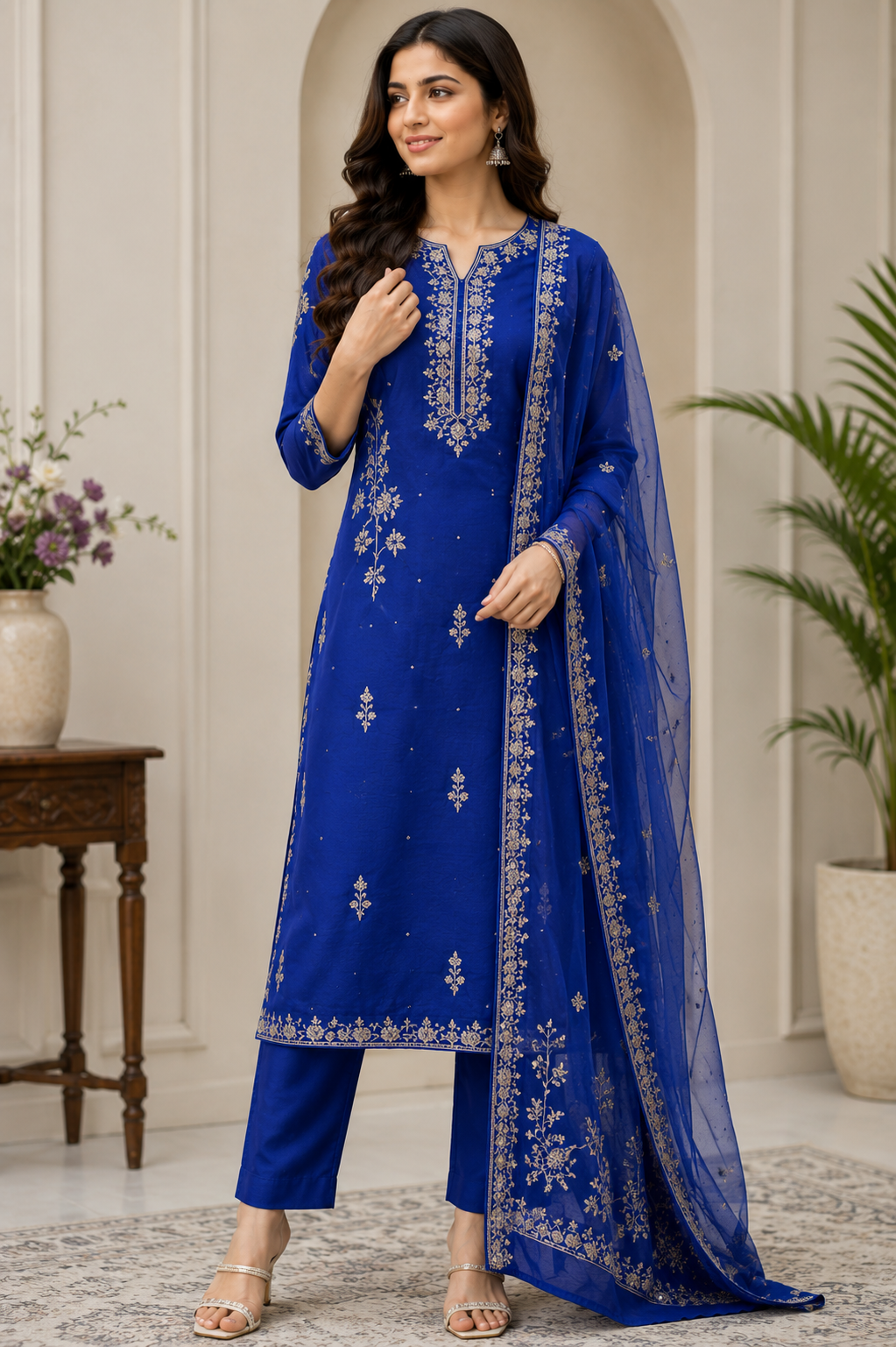 Royal Blue Embroidered Straight Kurti Set with Dupatta