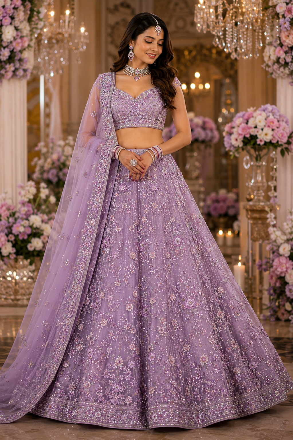 Lavender Net Designer Lehenga Choli Set with Dupatta