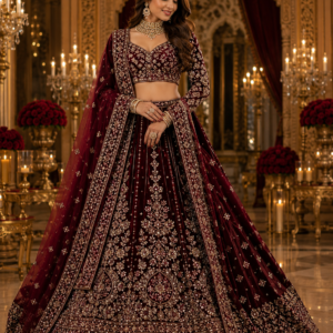 Wine Velvet Designer Lehenga Choli Set with Dupatta
