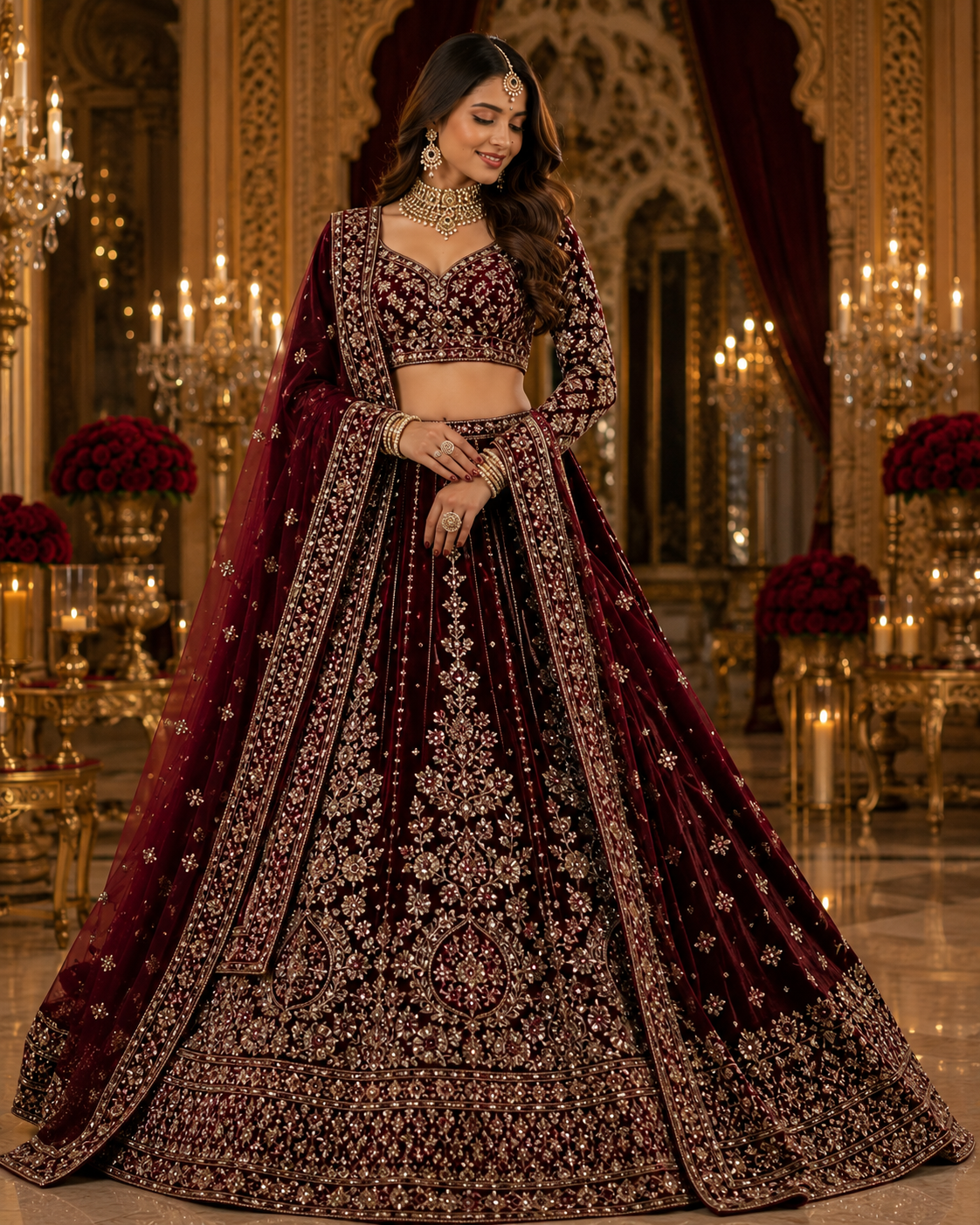 Wine Velvet Designer Lehenga Choli Set with Dupatta
