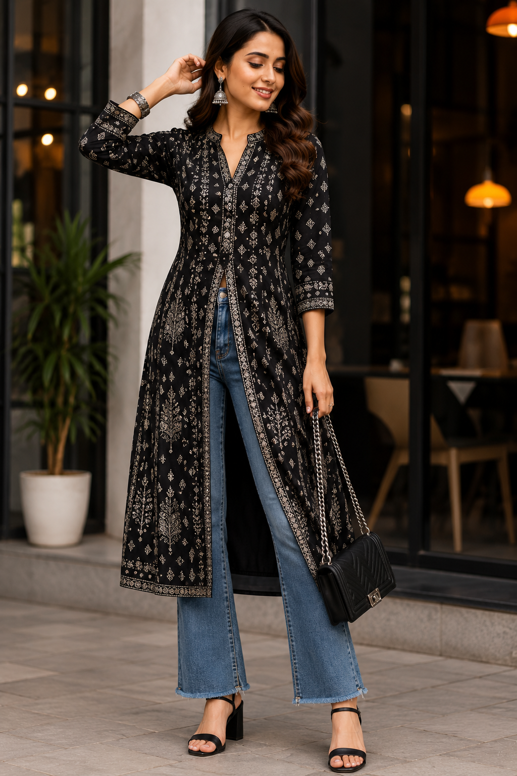 Black Printed Indo-Western Kurti with Jeans Style Look