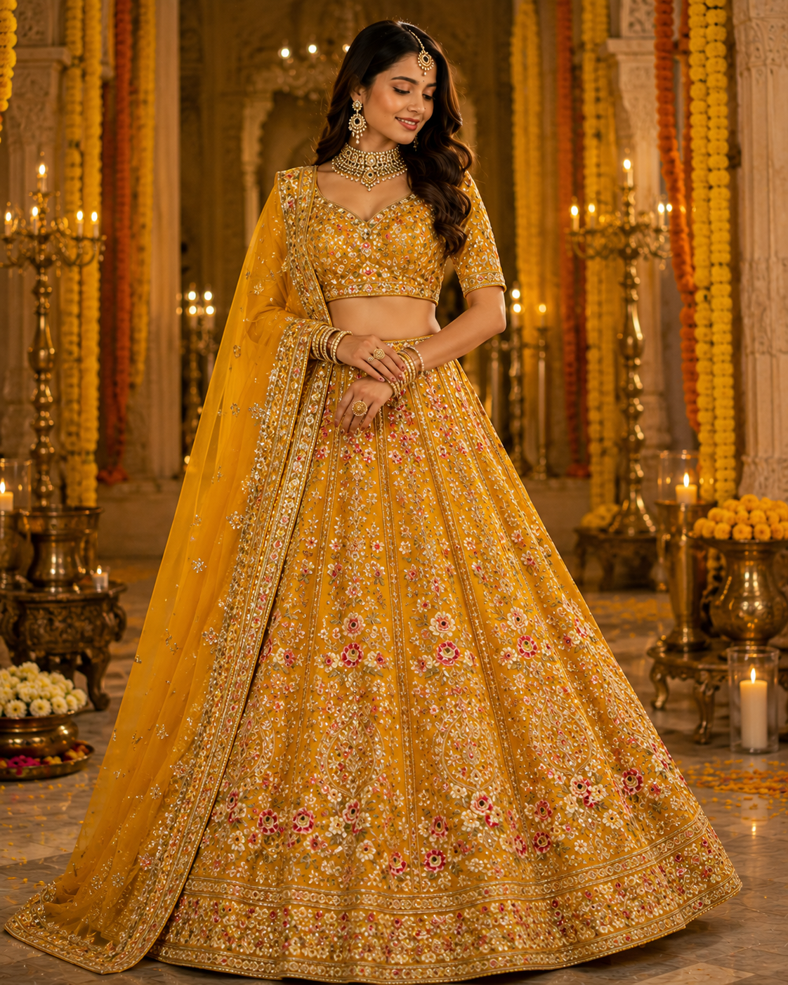Mustard Yellow Festive Lehenga Choli Set with Dupatta