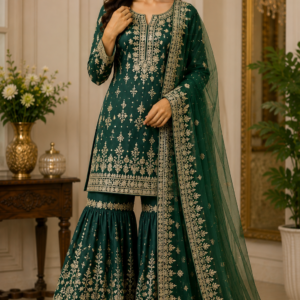 Green Heavy Embroidered Sharara Suit Set with Dupatta