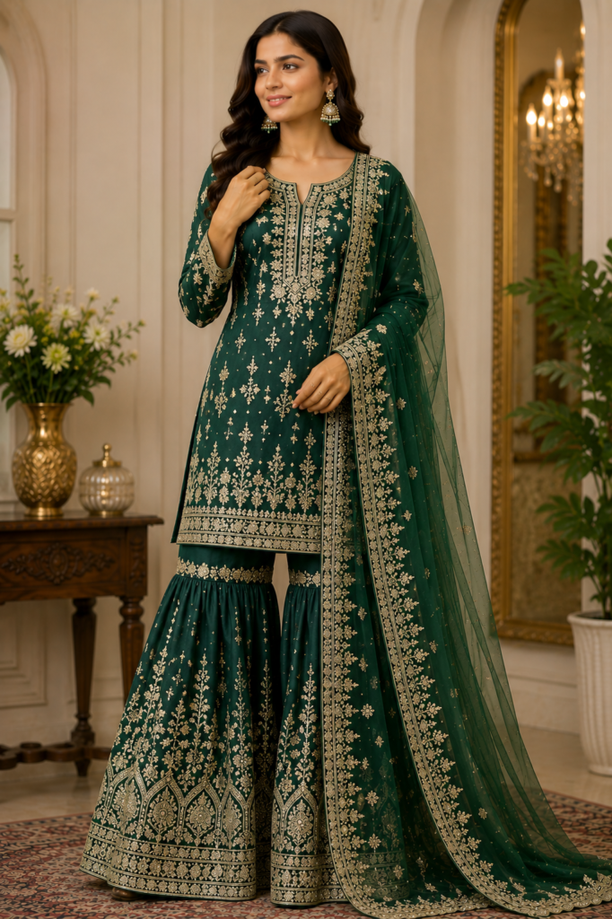 Green Heavy Embroidered Sharara Suit Set with Dupatta