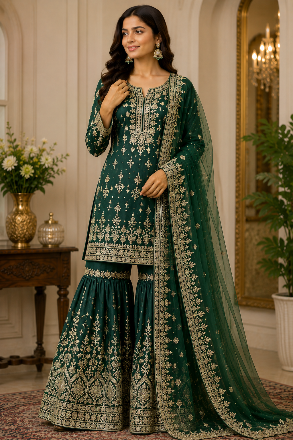 Green Heavy Embroidered Sharara Suit Set with Dupatta