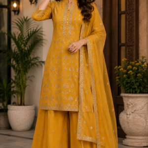 Mustard Yellow Indo-Western Kurti Palazzo Set with Dupatta