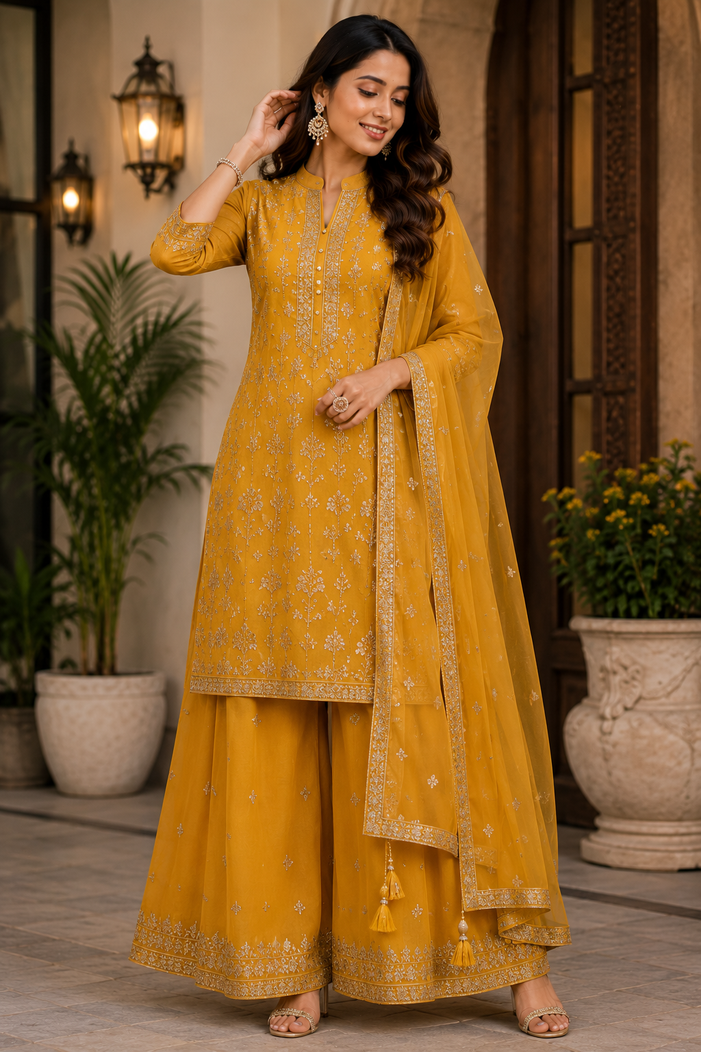 Mustard Yellow Indo-Western Kurti Palazzo Set with Dupatta