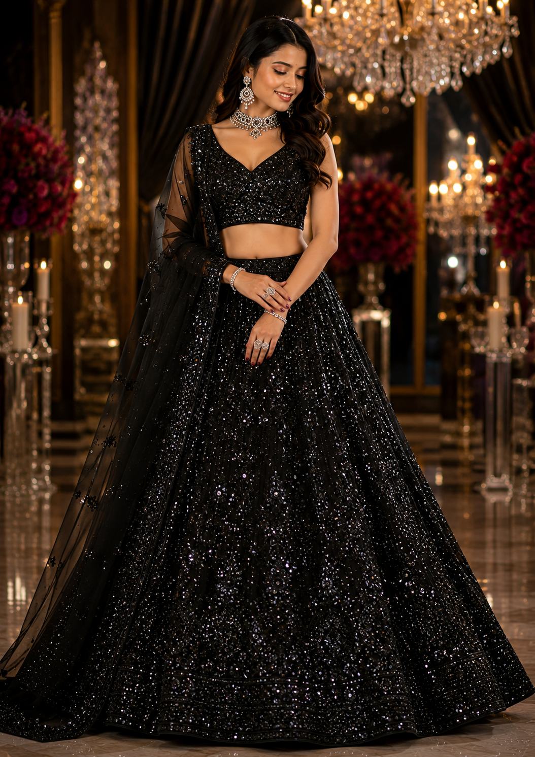 Black Party Wear Lehenga Choli Set with Dupatta
